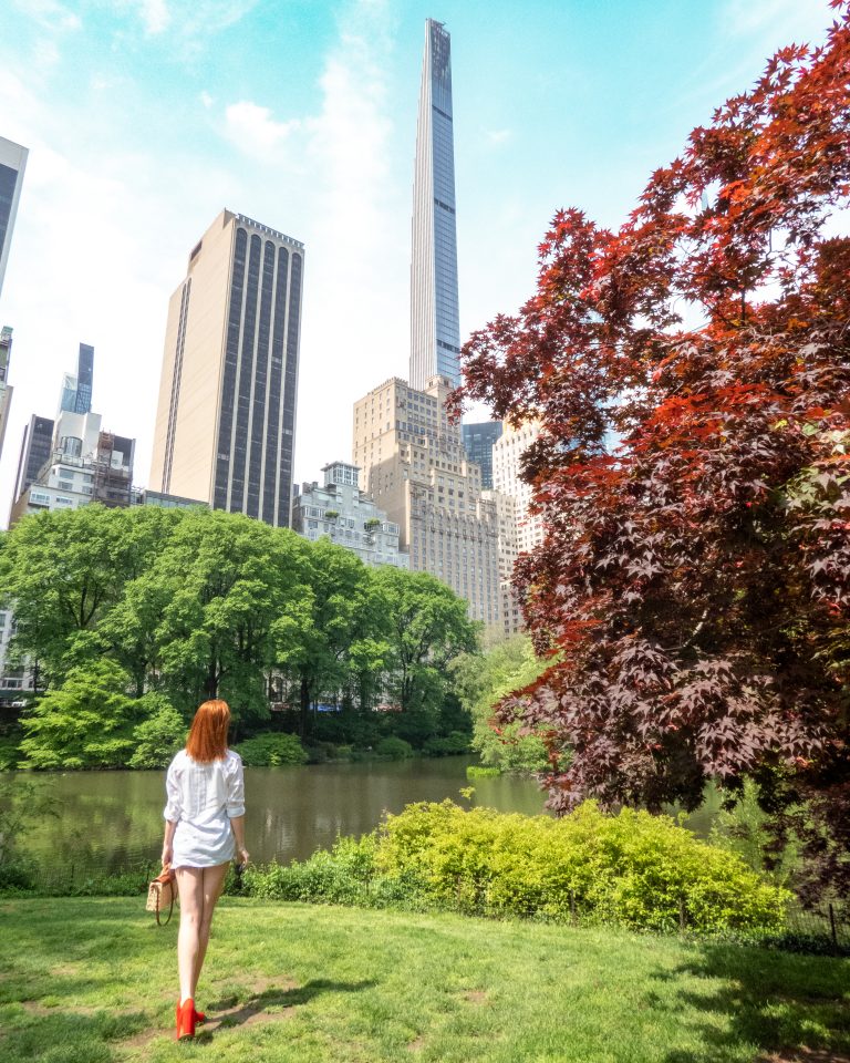 A woman in Central Park facing Manhattan skyscrapers