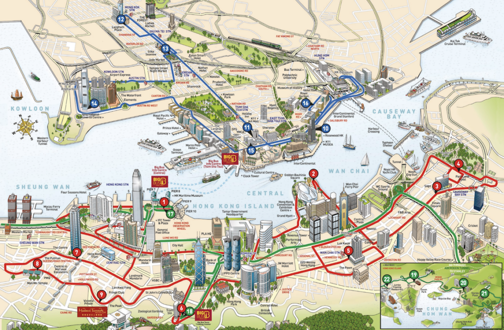 Hop on / off bus map in Hong Kong