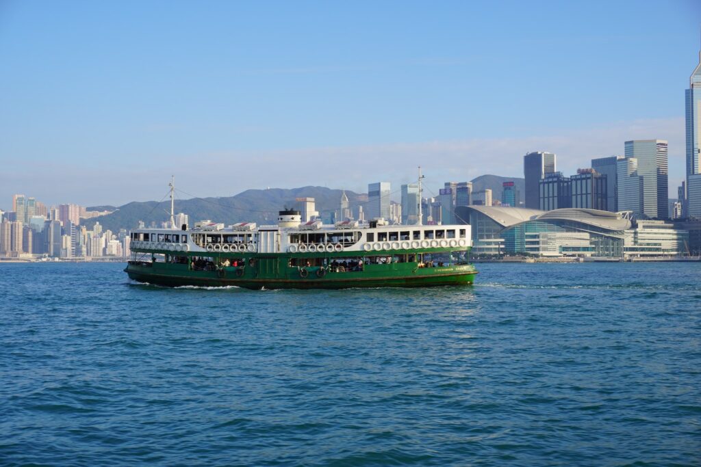 The star ferry green and white boat in Hong Kong harbour