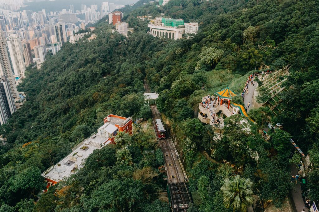 View of tramway from Victoria Peak platform in Hong Kong