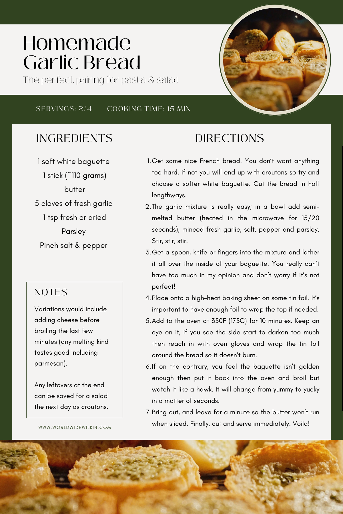 Homemade garlic bread recipe card